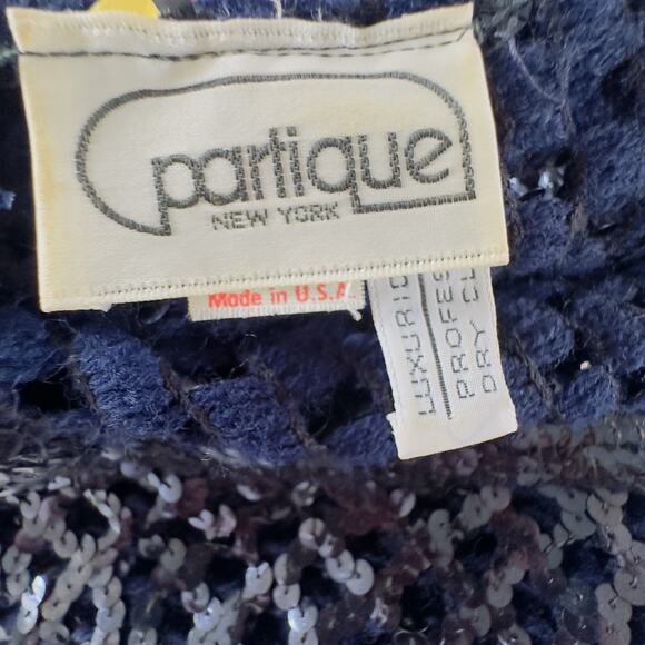 Vintage Partique New York Navy Sequin Openwork Lattice Knit Sweater Medium USA - Picture 8 of 9